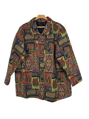 Vtg Tapestry Jacket Women's 2X 50" Bust Beaded Bird Elephant Artsy Boho Print